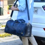 Blue Leather Duffel Bag with Shoe Compartment