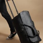Personalized Black Leather Rolling Suitcase - Handmade Wheeled Duffle Bag