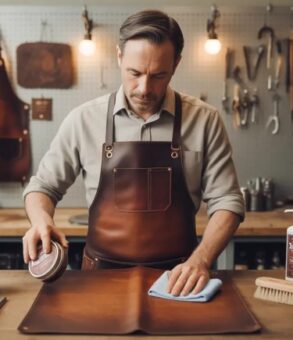 45-year-old man conditioning a brown leather barista apron on a workbench; tin of conditioner, brush and hanging tools in a warm-lit shop
