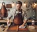 45-year-old man conditioning a brown leather barista apron on a workbench; tin of conditioner, brush and hanging tools in a warm-lit shop
