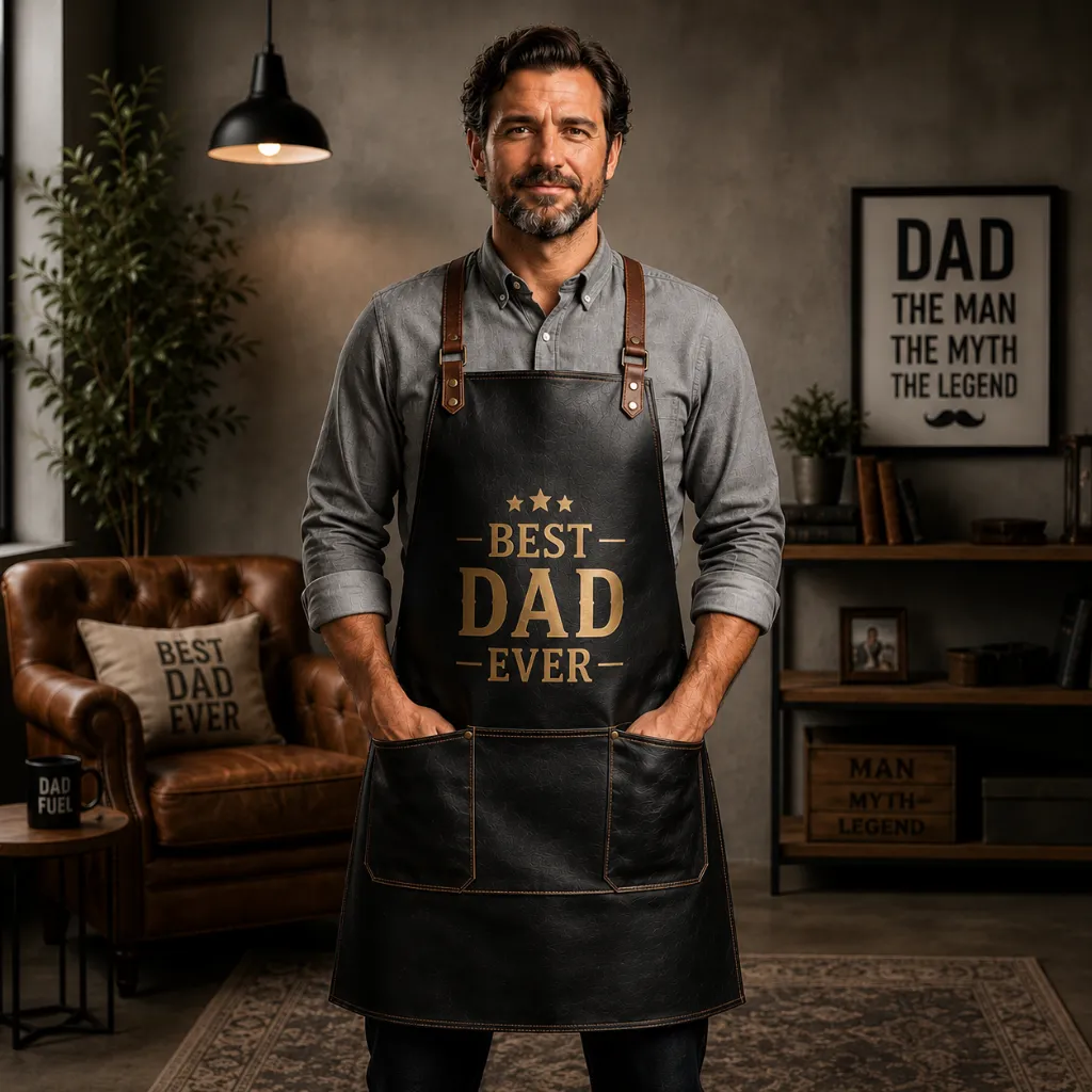 Happy-20.webp Best Dad Ever Genuine Vintage Black Leather Apron | Father's Day Gift - Image 1