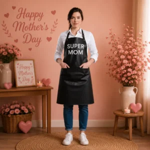 Fashion Style Super Mom Black Cowhide Leather Apron