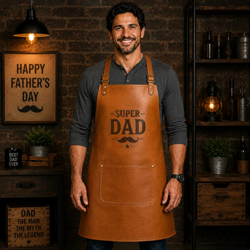 Seper-dad-leather-approns.webp Super Dad Leather Aprons – Premium Full Grain Tan Leather BBQ & Workshop Apron - Image 1