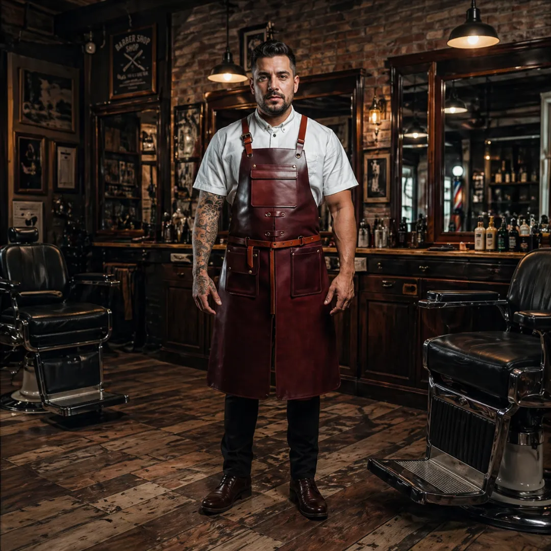 Untitled-2026-04-29T010722.389.webp RazorEdge Maroon Crazy Horse Leather Barber Apron - Image 1