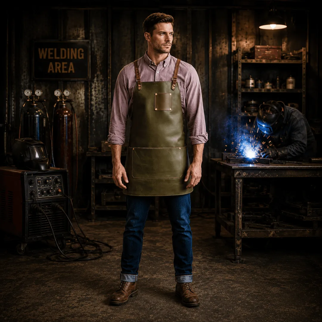 Untitled-2026-05-07T211218.614.webp Alcott 2 Pockets Olive Green Cowhide Leather Apron - Image 1