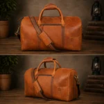 Handmade Men's Tan Leather Weekend Duffle Bag