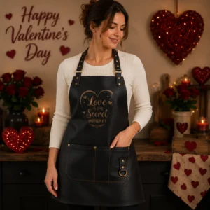 Valentine Day Gift Black Leather Apron for Women – Premium Genuine Leather Kitchen & BBQ Apron
