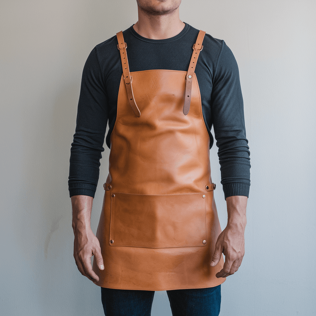 a-photo-of-a-man-wearing-a-long-sleeved-shirt-and-kPol05KWTmCeBUVEjzeN-w-f3XsV6f7QO6uYftl-68cfw.png Foster 1 Pocket Tan Crazyhorse Leather Apron - Image 1