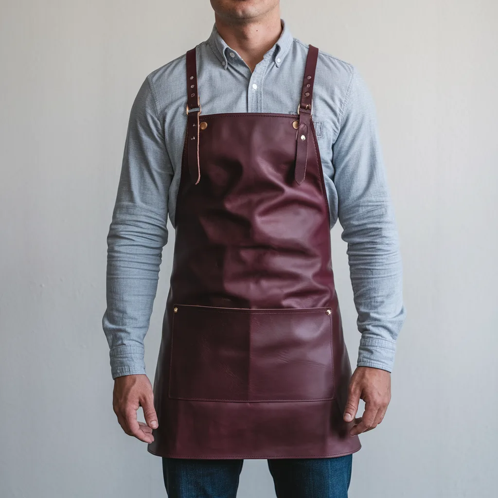 a-photo-of-a-man-wearing-a-long-sleeved-shirt-and-tDEDXBoSSRuRM3uhooHPLg-50AZ7nZkTt6gHrnh8CnKug.png Alden 1 Pocket Burgundy Cowhide Leather Apron - Image 1