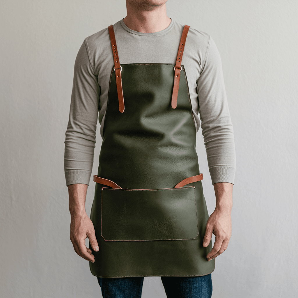 a-photo-of-a-man-wearing-a-long-sleeved-shirt-and-zLMZL3ANQ4u1v-T_xbLGWg-rA0VbrqsQNGoCE3-bTGonA.png Mason 1 Pocket Green Crazyhorse Leather Apron - Image 1