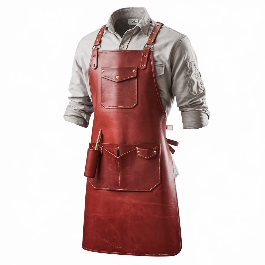 blacksmith-leather-apron-red-pocket.jpeg Steel Guard Blacksmith Crazy Horse Leather Apron - Image 1